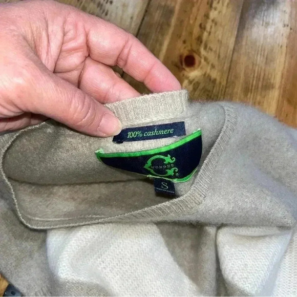 C Wonder 100% Cashmere striped cream and tan scoop neck pullover sweater - Picture 7 of 11